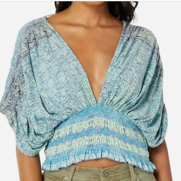 Free People Tops - Nwt free people next vacation top shirt aqua combo blue smock drape oversized S